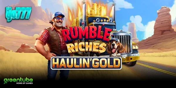 Tampilan visual game slot Rumble Riches Haulin Gold dengan tema truk dan jalanan.